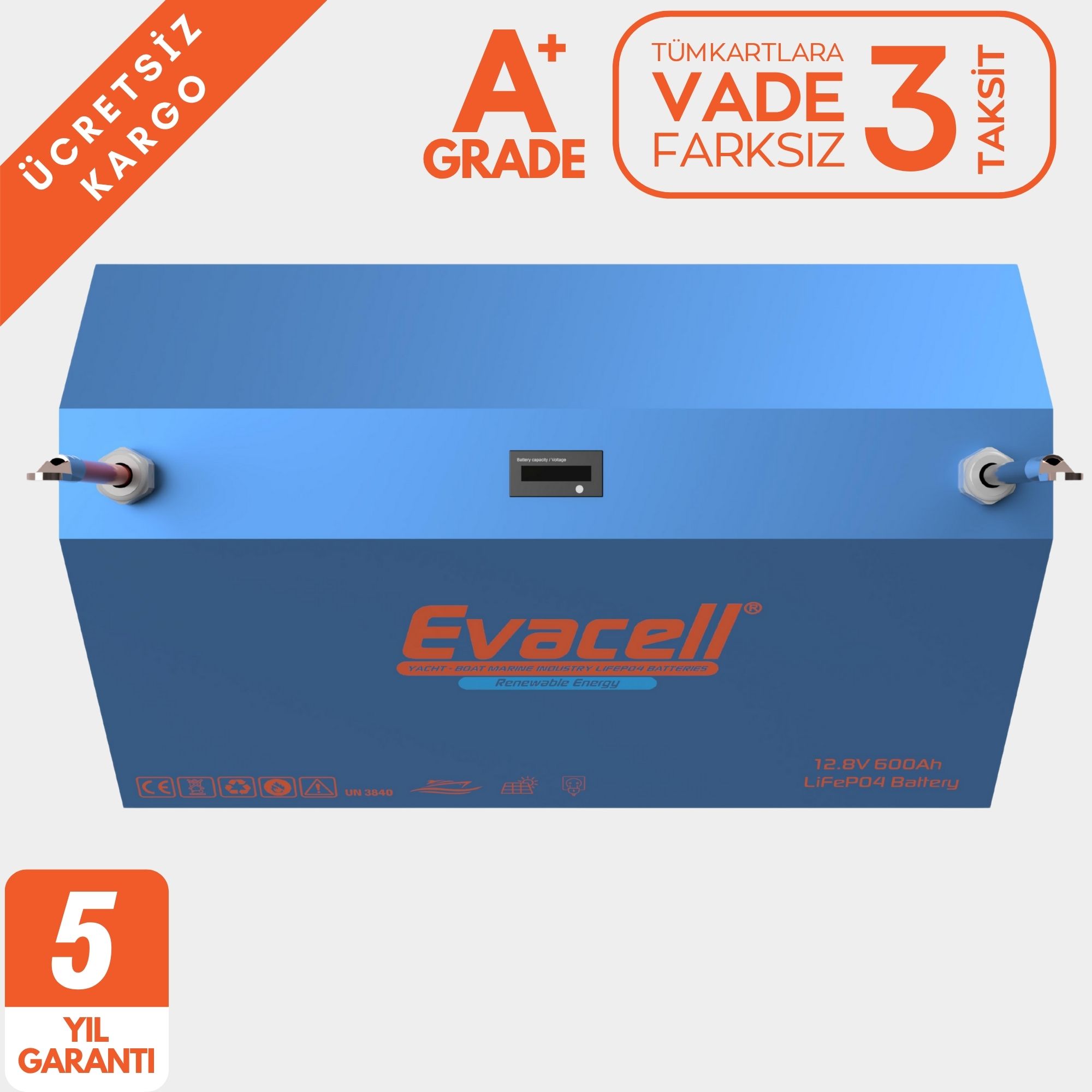 Evacell 12.8v (12VOLT) 600ah Amper Lifepo4 Lityum Demir Fosfat Akü Bluetooth Marin Karavan Akü