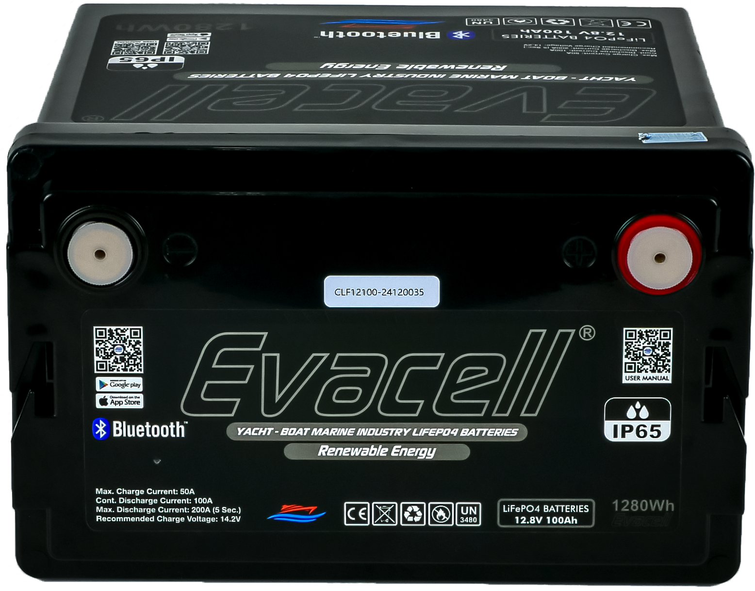 Evacell 12.8v (12VOLT) 100ah Amper Lifepo4 Lityum Demir Fosfat Akü Bluetooth Ip65 Marin Karavan Akü