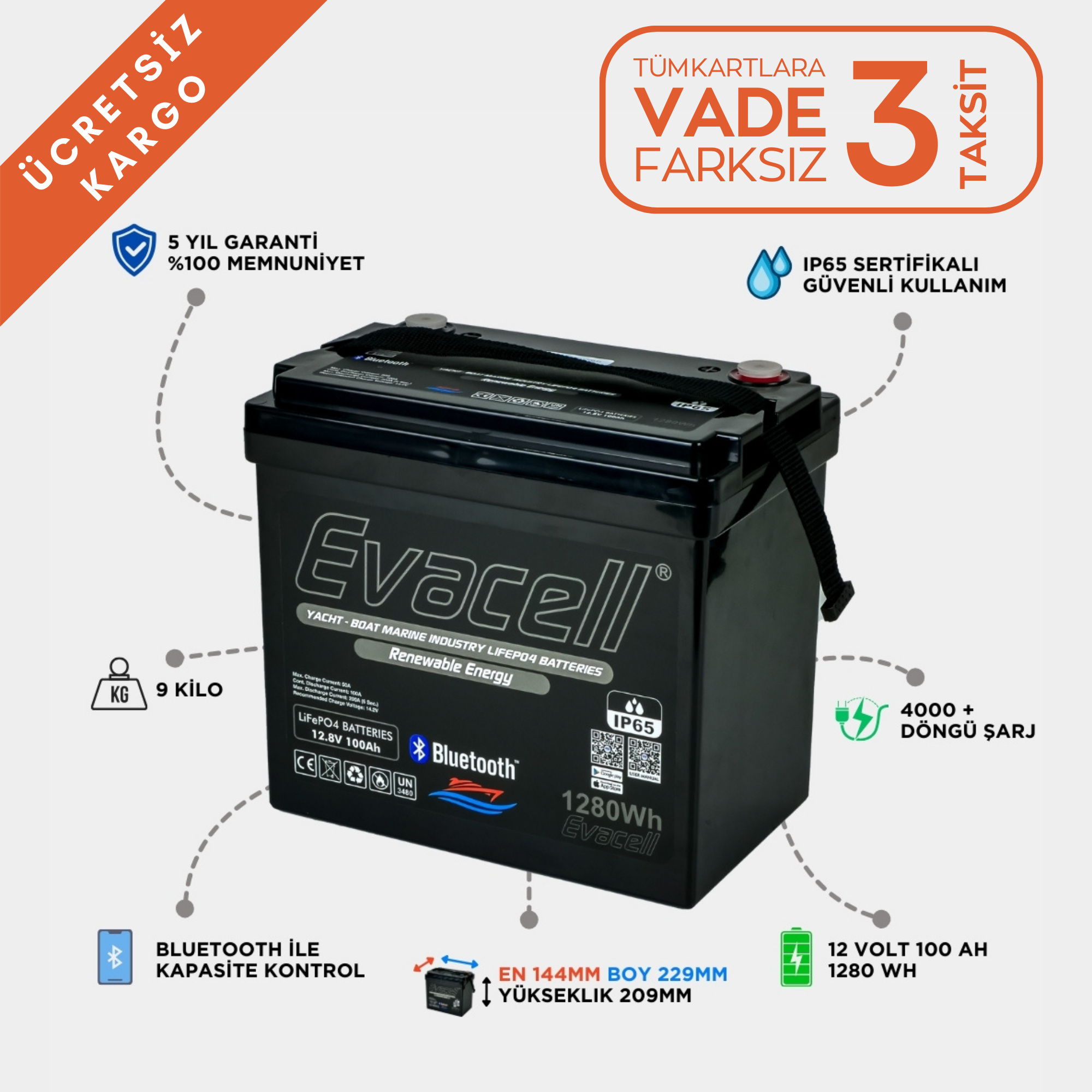 Evacell 12.8v (12VOLT) 100ah Amper Lifepo4 Lityum Demir Fosfat Akü Bluetooth Ip65 Marin Karavan Akü