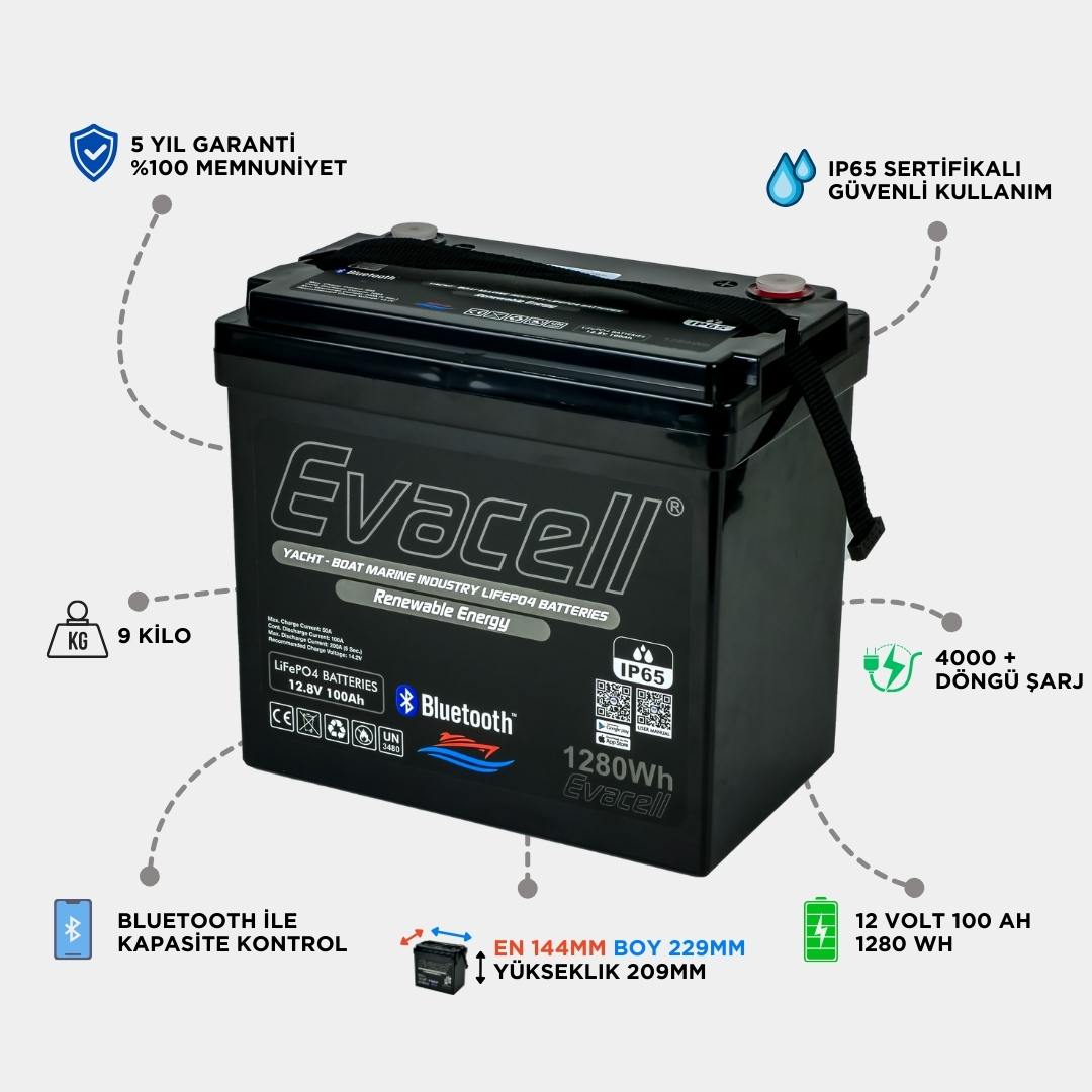 Evacell 12.8v (12VOLT) 100ah Amper Lifepo4 Lityum Demir Fosfat Akü Bluetooth Ip65 Marin Karavan Akü