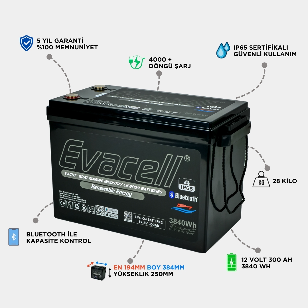 Evacell 12.8v (12VOLT) 300ah Amper Lifepo4 Lityum Demir Fosfat Akü Bluetooth Ip65 Marin Karavan Akü