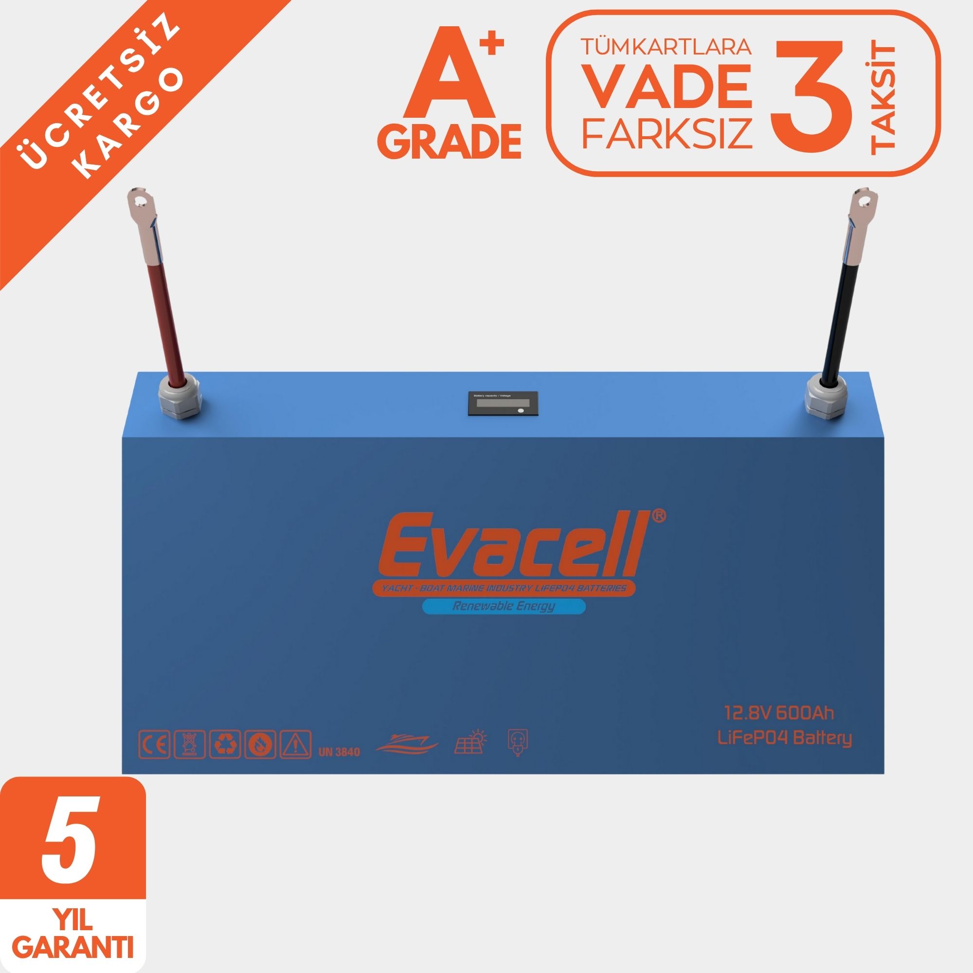 Evacell 12.8v (12VOLT) 600ah Amper Lifepo4 Lityum Demir Fosfat Akü Bluetooth Marin Karavan Akü