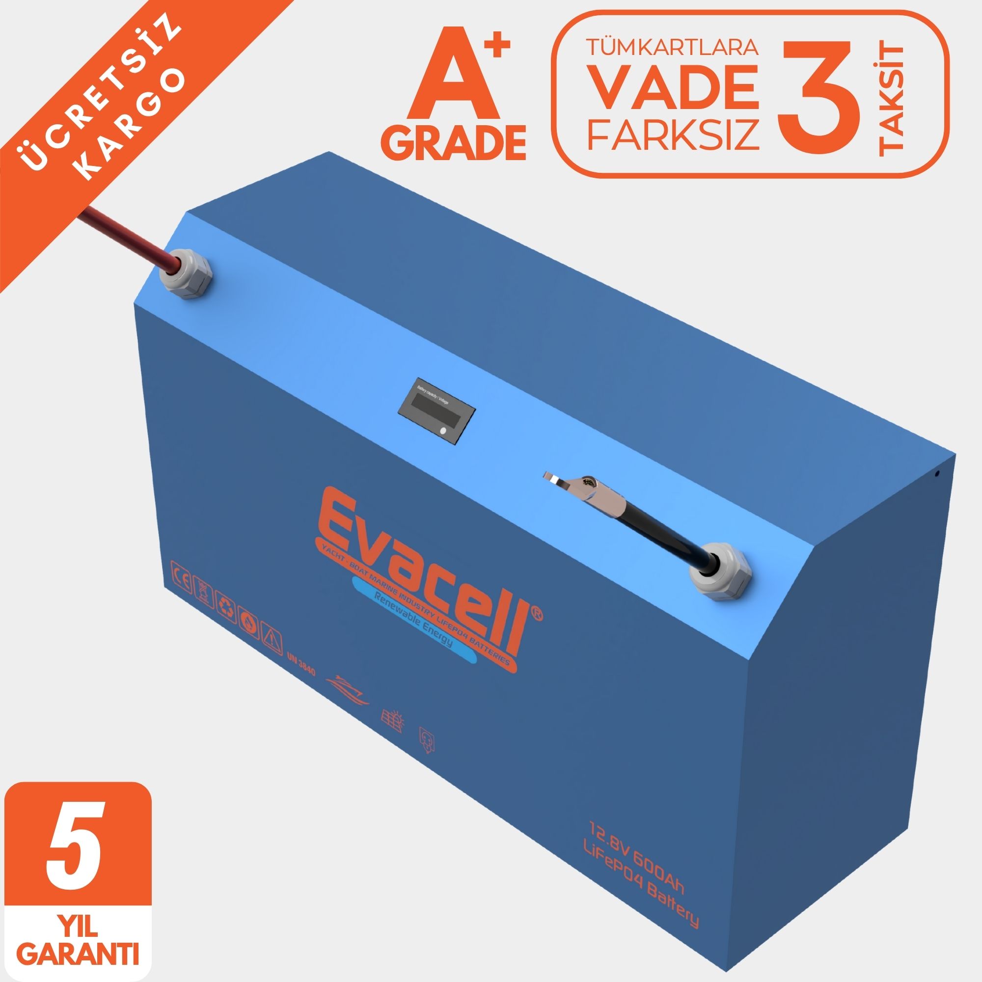 Evacell 12.8v (12VOLT) 600ah Amper Lifepo4 Lityum Demir Fosfat Akü Bluetooth Marin Karavan Akü