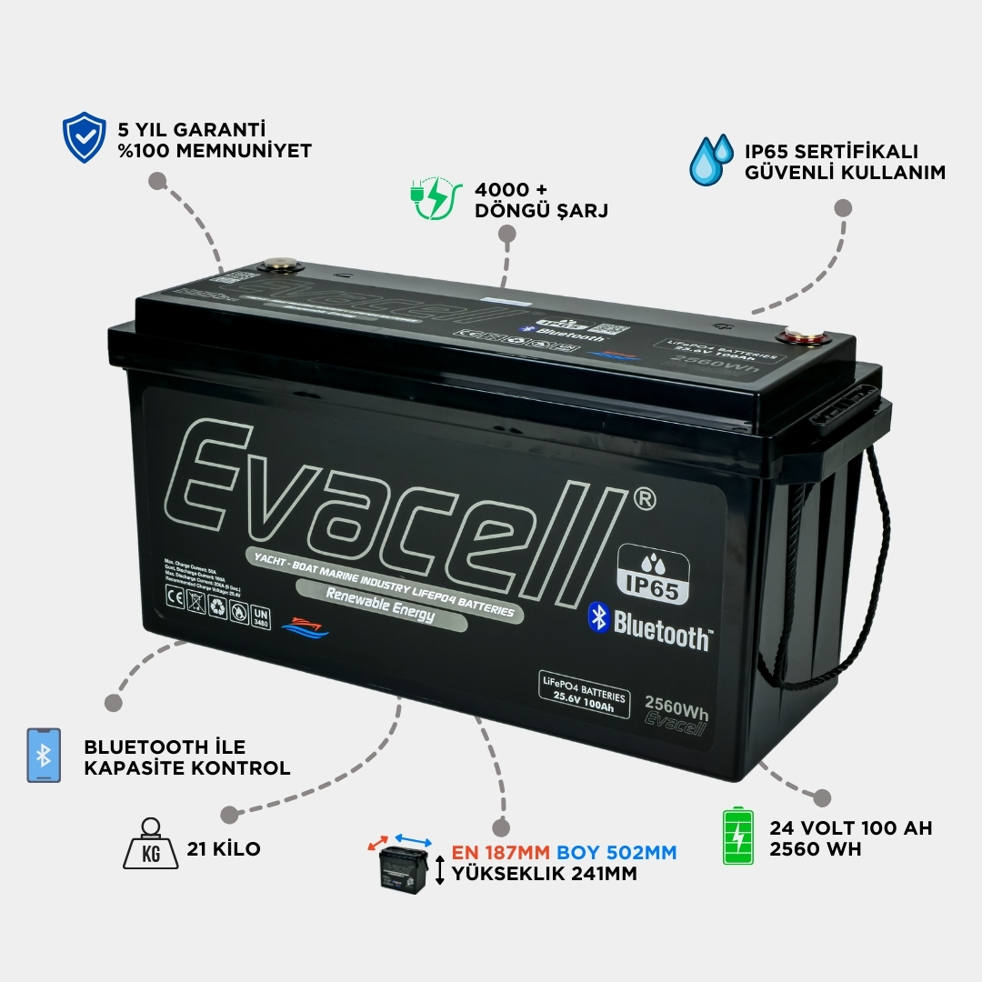 Evacell 25.6v (24VOLT) 100ah Amper Lifepo4 Lityum Demir Fosfat Akü Bluetooth Ip65 Marin Karavan Akü