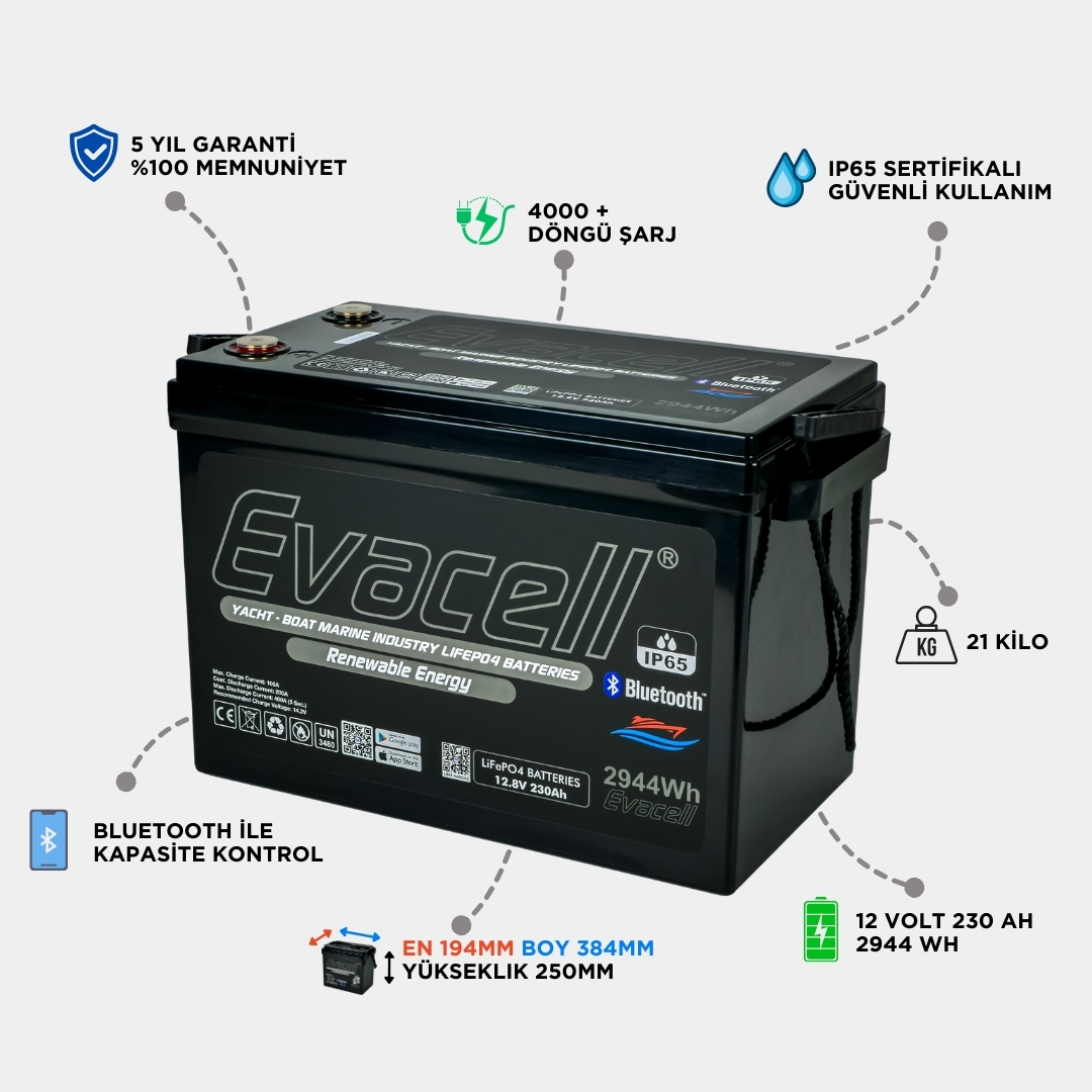 Evacell 12.8v (12VOLT) 230ah Amper Lifepo4 Lityum Demir Fosfat Akü Bluetooth Ip65 Marin Karavan Akü