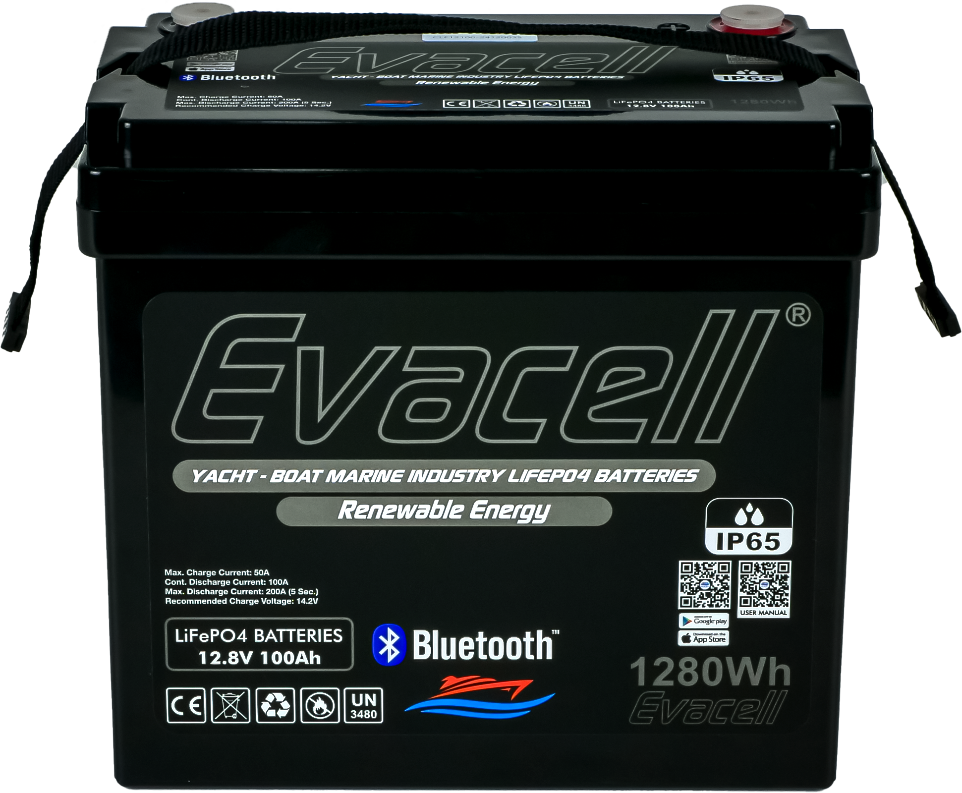 Evacell 12.8v (12VOLT) 100ah Amper Lifepo4 Lityum Demir Fosfat Akü Bluetooth Ip65 Marin Karavan Akü